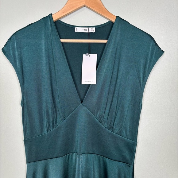 Mango MNG A-Line V-Neck Cap Sleeves Midi Satin Dress-Dark Green-Women Size 6 - Picture 3 of 7